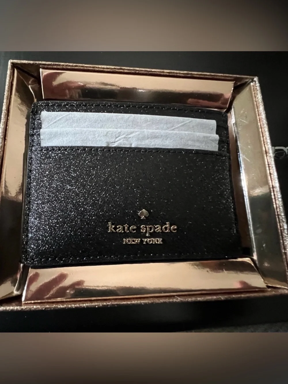 kate spade Glimmer Glitter Small Card Holder. NWT Black BOXED